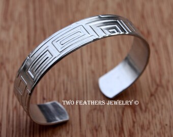 Greek Pattern Cuff - Silver Cuff Bracelet - Aluminum Cuff - Geometric Bracelet - Two Feathers Jewelry - 10th Anniversary Gift