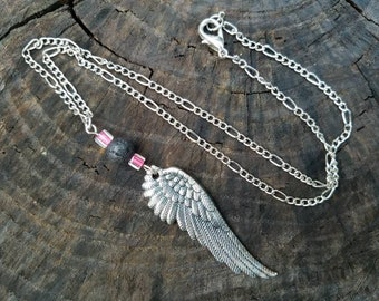 Silver Angel Wing Necklace - Diffuser Necklace - Essential Oil Diffuser - Pink And Silver Necklace - Two Feathers Jewelry