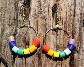 Rainbow Earrings - Gold Hoop Earrings - Rainbow Hoops - Gold Hoops - Gold Earrings - Rainbow Jewelry  Two Feathers Jewelry