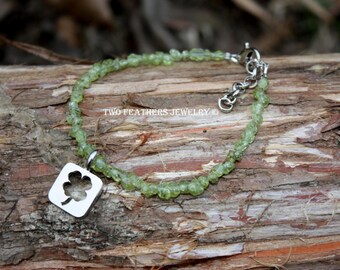 Peridot Bracelet With Silver Shamrock - August Birthstone Bracelet - Green Gemstone Bracelet For Women - Two Feathers Jewelry