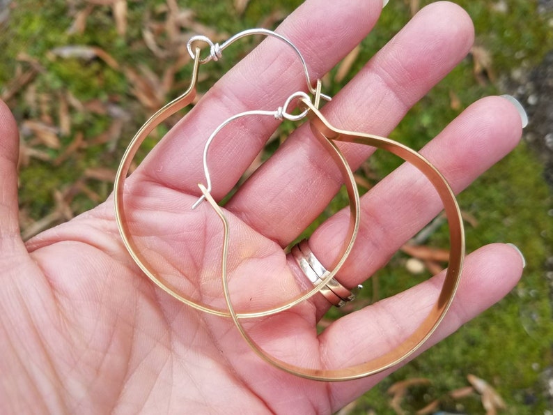 Large Brass Hoop Earrings Sterling Silver Ear Wires Flat Brass Hoops 2 Inch Hoops Gold Hoops Big Earrings Two Feathers Jewelry image 3