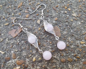 Rose Quartz Earrings - Herringbone Earrings - Stainless Steel Wire Wrap Earrings - Pink Gemstone Earrings - Two Feathers Jewelry