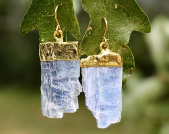 Blue Kyanite Earrings - Gold Capped Raw Kyanite - 14K Gold Filled Earrings - Blue Stone Earrings - Two Feathers Jewelry