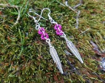 Hot Pink And Silver Chainmaille  Earrings - Silver Feather Earrings - Pink Mobius Flower Earrings - Chainmaille Jewelry - Two Feathers