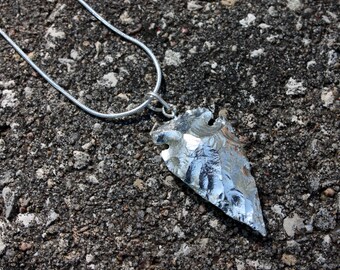 Silver Arrowhead Necklace - Silver Dipped - Sterling Silver Chain - Organic Layering Necklace - Silver Arrow - Tribal - Two Feathers Jewelry