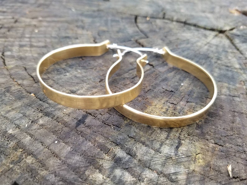 Large Brass Hoop Earrings Sterling Silver Ear Wires Flat Brass Hoops 2 Inch Hoops Gold Hoops Big Earrings Two Feathers Jewelry image 6