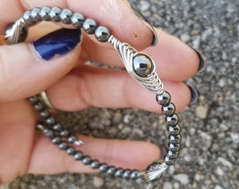 Hematite Bracelet - Herringbone Bracelet - Empath Protection Bracelet - Wire Wrapped Beaded Hematite Bangle Bracelet - Two Feathers Jewelry