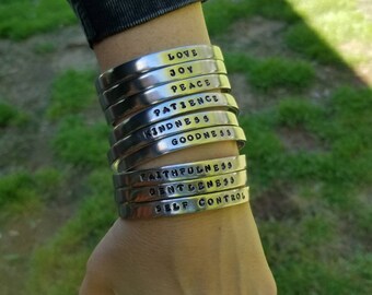 Fruit Of The Spirit Cuff Bracelets - Set Of 9 Bracelets - Galatians 5 Bracelet - Bible Verse Cuff - Two Feathers Jewelry - Stacking Bracelet