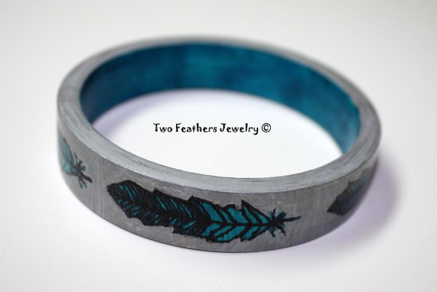 Two Feathers Jewelry Hand Painted Feather Bracelet Turquoise Etsy