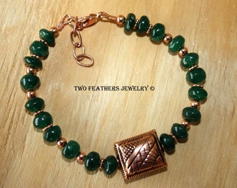 Emerald Green Aventurine Bracelet - Copper Bracelet - Southwestern Design - Green Gemstone Bracelet - Adjustable - Two Feathers Jewelry