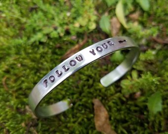 Follow Your Arrow - Silver Bracelet - Hand Stamped Cuff Bracelet In Silver Aluminum - Inspirational - Two Feathers Jewelry