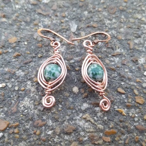 Copper Herringbone Earrings Green Tree Agate Earrings Copper Wire Wrap Earrings Green Gemstone Earrings Two Feathers Jewelry image 9