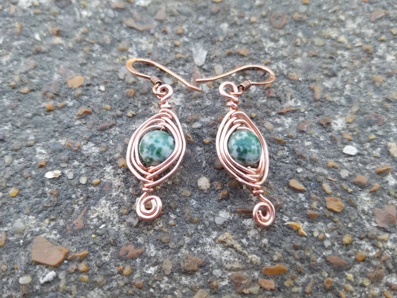 Copper Herringbone Earrings Green Tree Agate Earrings Copper Wire Wrap Earrings Green Gemstone Earrings Two Feathers Jewelry image 9