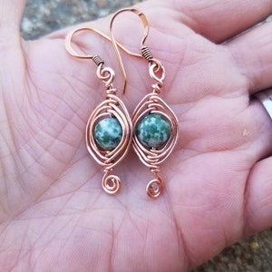 Copper Herringbone Earrings Green Tree Agate Earrings Copper Wire Wrap Earrings Green Gemstone Earrings Two Feathers Jewelry image 4