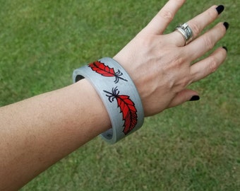 Hand Painted Red Feather Wooden Bangle - Feather Bracelet - Wood Bracelet - Two Feathers Jewlery