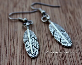 Silver Feather Earrings - Feather Jewelry - Silver Earrings - Native American - Two Feathers Earrings - Two Feathers Jewelry