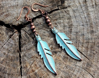 Copper Feather Earrings - Turquoise Verdigris Feather Earrings For Women - Metal Feathers - Beaded Earrings - Two Feathers Jewelry
