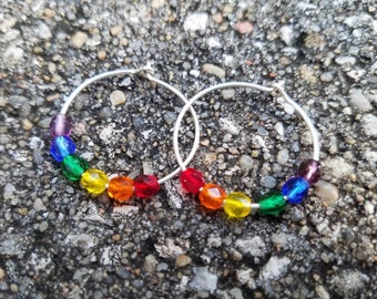 Rainbow Earrings - Sterling Silver Hoop Earrings - 1 Inch Sterling Silver Beaded Hoops - Rainbow Hoops - Two Feathers Jewelry