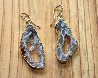 Gold Edged Geode Slice Earrings - Gold Filled Earrings - Natural Freeform Agate Stalactite Geode Slices - Druzy Earrings - Two Feathers