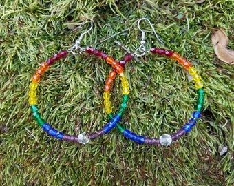 Rainbow Earrings - Statement Earrings - Crystal Earrings - Gift For Her - Chakra Earrings - Boho - Hippie - Beaded Earrings - Large Hoops