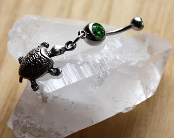 Belly Button Ring With Silver Turtle - Green Gem Belly Button Jewelry - Body Jewelry - Turtle Belly Ring - Belly Dancer - Beaded Belly Ring