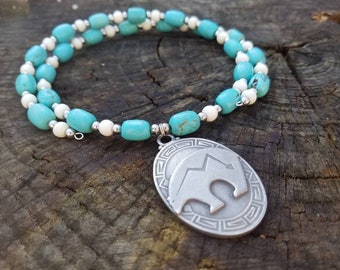 Zuni Bear Necklace - Turquoise And Bone Choker - Heartline Bear - Native American Inspired Memory Wire Choker - Two Feathers Jewelry
