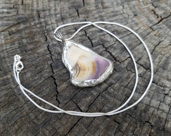 Wampum Necklace - Tiffany Technique - Quahog Pendant With Sterling Silver Chain - Wampum Jewelry - Sterling Silver Necklace - Two Feathers