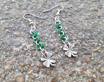 Green And Silver Chainmaille  Earrings - Silver Shamrock Earrings - Silver Earrings - Irish Earrings - Chainmail Earrings - Two Feathers