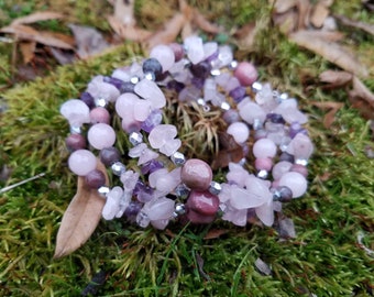 Gemstone Wrap Bracelet - Rose Quartz Bracelet - Rhodonite Bracelet - Amethyst Bracelet - Two Feathers Jewelry - Valentines Day Gift