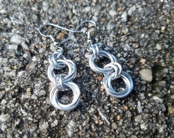 Chainmaille Earrings - Double Mobius Flower Earrings - Bright Silver Aluminum Earrings - Mobius Flowers - Chainmail - Two Feathers Jewelry