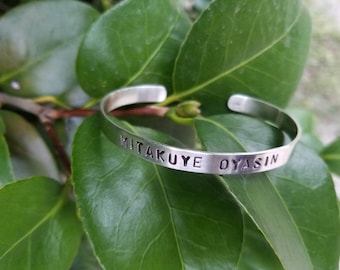 Mitakuye Oyasin Sterling Silver Cuff Bracelet - Lakota Language Bracelet - All My Relations - Two Feathers Jewelry - 25th Anniversary