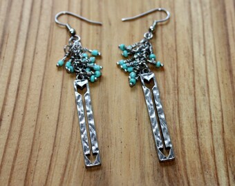 Turquoise Earrings - Silver Arrow Earrings - Southwestern Earrings - Silver Earrings - Beaded Dangle Earrings - Two Feathers Jewelry