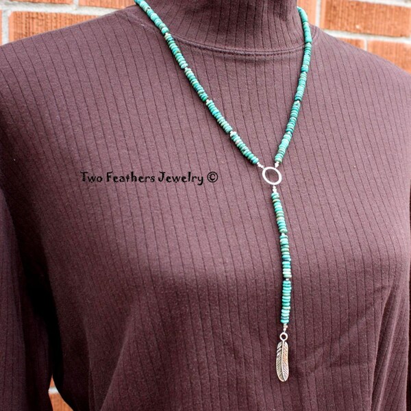 Genuine Turquoise Necklace - Silver Feather Necklace - Turquoise And Silver - Beaded Necklace - Semiprecious Gemstone - Two Feathers Jewelry