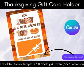 Tarjetero para regalo de Acción de Gracias para profesores / Plantilla editable de Canva (Descarga digital)