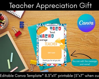 Portatarjetas imprimible editable de agradecimiento al maestro - "Taco 'Bout Nacho Average Teacher"