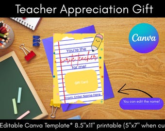 Porta tarjetas de agradecimiento para maestros: Plantilla editable de Canva (descarga digital)