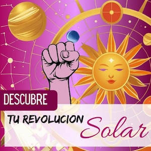 Puede incluir: Ilustración con fondo morado que presenta un sol dorado con rostro, un puño en alto y elementos celestiales. El texto incluye "DESCUBRE" y "TU REVOLUCION Solar."
