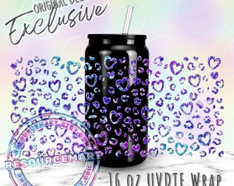 16oz UV DTF tumbler wrap, ready to apply UVDTF 16 ounce can glass cup transfer waterproof sticker, blue purple galaxy heart leopard cheetah