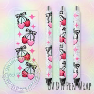 UV DTF Pen Wrap Heart Cherries with Checker Bow Waterproof UVDTF Transfer Sticker for Custom Papermate Inkjoy Glitter Pens