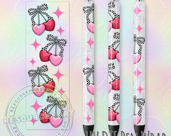 UV DTF Pen Wrap Heart Cherries with Checker Bow Waterproof UVDTF Transfer Sticker for Custom Papermate Inkjoy Glitter Pens