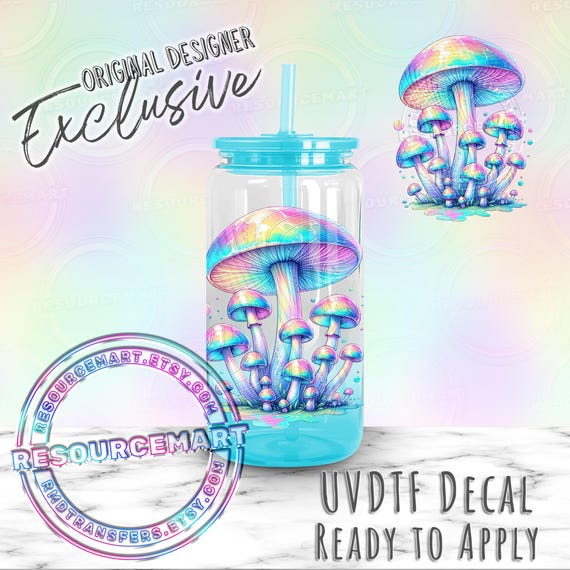 UV DTF decal, ready to apply UVDTF transfer, permanent waterproof water bottle cup sticker, pastel watercolor mushrooms, fairytale aesthetic