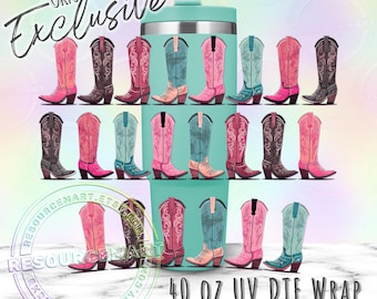 UV DTF Cowgirl Boots 40 oz stanley cup wrap, Pink & Turquoise Coastal Cowgirl Waterproof UVDTF Transfer Sticker for 40oz Handle Tumblers