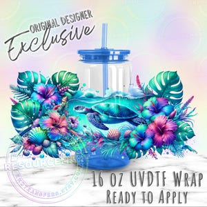 May include: A clear 16 oz tumbler with a blue lid and straw, featuring a vibrant design of a sea turtle swimming in the ocean, surrounded by tropical flowers and foliage. The text "Original Designer Exclusive" is visible.