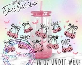 16oz UV DTF tumbler wrap, ready to apply UVDTF 16 ounce can glass cup transfer waterproof sticker, halloween pumpkin cherries checker bow