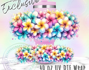 40oz UV DTF Plumeria Flowers tumbler wrap, colorful ready to apply UVDTF 40 ounce stanley cup transfer, frangipani florals