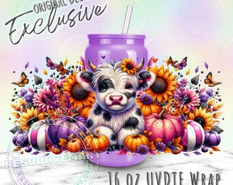 16oz UV DTF tumbler wrap, fall cow pumpkins & sunflowers ready to apply UVDTF 16 ounce cup transfer, libbey glass cup, original designer