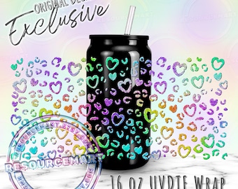 16oz UV DTF tumbler wrap, ready to apply UVDTF 16 ounce can glass cup transfer waterproof sticker, colorful metallic heart leopard cheetah