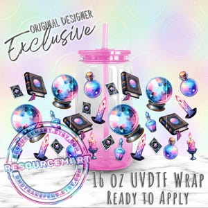 May include: A pink 16 oz UVDTF wrap with a straw, featuring a design of a crystal ball, potion bottles, spell books, candles, and tarot cards. The words "Original Designer Exclusive" are at the top.