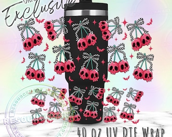 40oz UV DTF tumbler wrap, halloween skull cherries checker bow ready to apply UVDTF 40 ounce stanley cup transfer, spooky season cup sticker