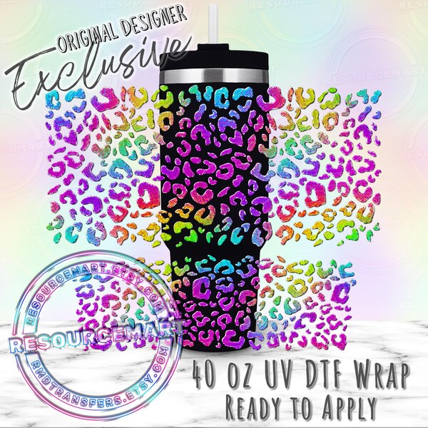 Vinilo para vaso UV DTF de 40 oz, listo para aplicar. Transferencia UVDTF para vaso Stanley de 40 onzas, adhesivo permanente e impermeable, con manchas de leopardo metálicas de colores.